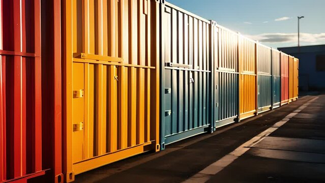 A line of brightly painted shipping containers in a busting port the sun reflecting off the metal giving the scene a warm inviting glow.