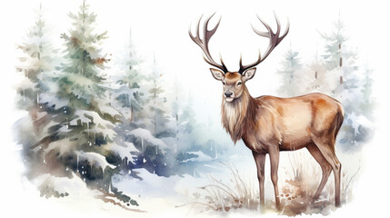 Naklejka na ściany i meble Watercolor Deer Hand Painted Winter Scene Illustration. Generative AI