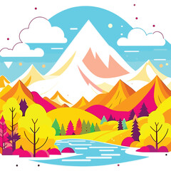 Beautiful autumn mountain fog landscape, Amazing landscape of snowy mountains and forest nature vector Illustration background