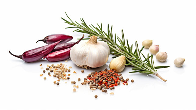 garlic with rosemary and peppercorn isolated on white background. Top view. Generative AI