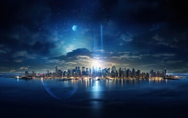 Unique sunrise in space with a blue Earth adorned by city lights, showcasing elements. - Powered by Adobe