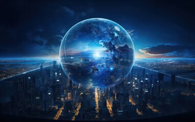 Unique sunrise in space with a blue Earth adorned by city lights, showcasing elements.