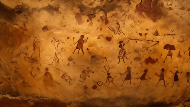 Zoomedin of ancient cave paintings depicting early forms of symbolic communication, illustrating the gradual evolution of language from visual to oral.