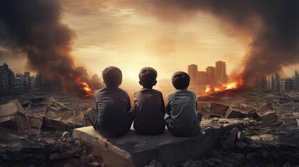 Kids sitting in front of city burned destruction of an aftermath war conflict, earthquake or fire and smoke of political world war against children innocence concept - obrazy, fototapety, plakaty