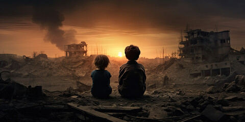 Kids sitting in front of city burned destruction of an aftermath war conflict, earthquake or fire and smoke of political world war against children innocence concept