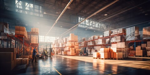 A bustling retail warehouse is packed with shelves filled with goods stored in cartons.