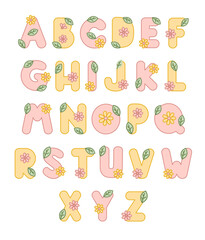 Kawaii bubble font with Flower and Leaf. Cute cartoon alphabet. For birthday, baby shower, greeting cards, party invitation, kids design. 