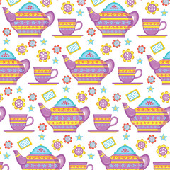 Spring floral summer afternoon tea time illustration seamless pattern. Seamless pattern with hand drawn tea and coffee cups and pots for scrapbooking, wrapping paper, textile prints, wallpaper, 
