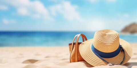 A straw hat, and sunglasses resting on a tropical beach, ready for a day of relaxation Golden sand meets the tranquil blue sea, creating a summer beach backdrop with sunlights shimmering.