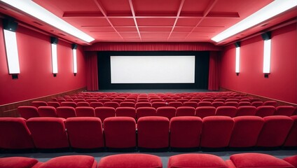 Fototapeta premium Empty cinema with red seats, space for mockup. AI Generative.