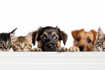 Cute dogs and cats peek over web banner. AI Generative forms a friendly pet header with attentive eyes.
