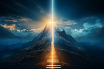 Climbing stairs to the mountain's peak a fantasy landscape in the summer twilight. Vector illustration. AI Generative.