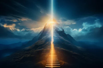 Poster Climbing stairs to the mountain's peak a fantasy landscape in the summer twilight. Vector illustration. AI Generative. © Alisa