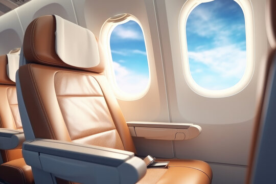 Luxury in the skies! Empty seats, elegant cabin decor, and a breathtaking window view. A premium travel experience is AI Generative.