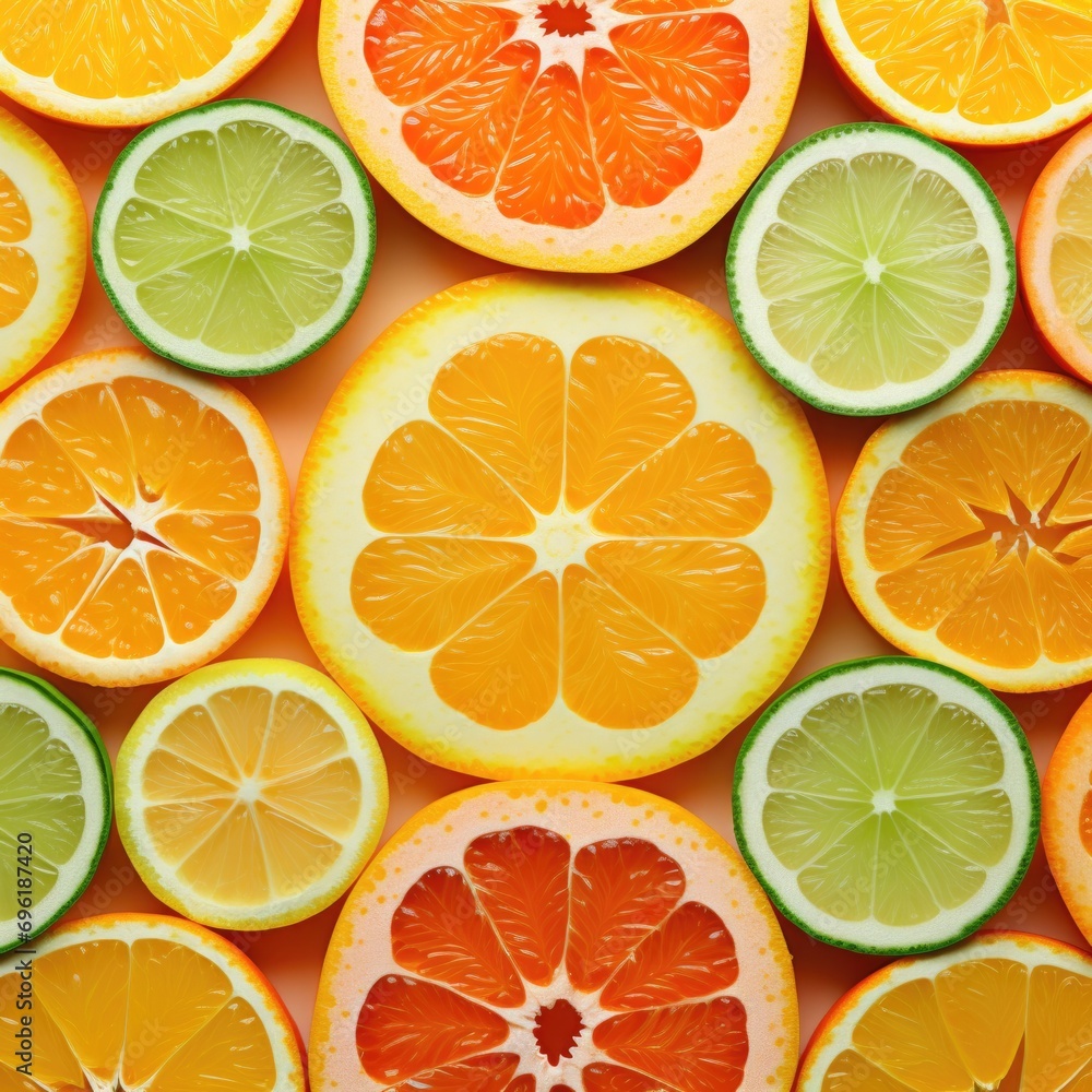 Poster a bunch of oranges and limes are arranged in a pattern. generative ai.