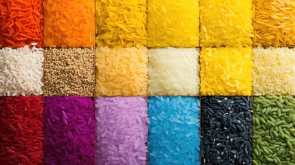 Colorful rice grains in different colors. Generative AI.