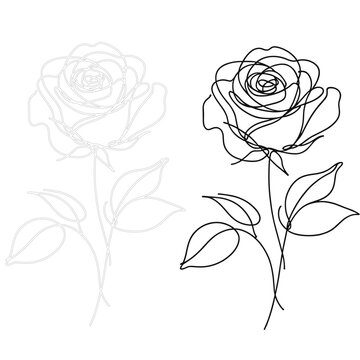 薔薇の線画、シンプルな２種類の画像。生成AIで作成された。一輪の花が美しいイラスト。