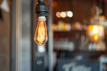 A classic design ceiling lightbulb is glowing in orange warmlight shade with blurred background of...