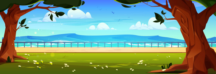 Summer day in park near sea water. Vector cartoon illustration of waves on river, public garden alley with railing, green lawn with flowers in shadow of old trees, clouds and birds flying in blue sky - obrazy, fototapety, plakaty