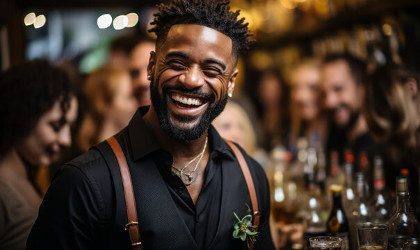 Confident African American Bartender Smiling at a High-End Bar with Sophisticated Ambiance and Colleagues in Background