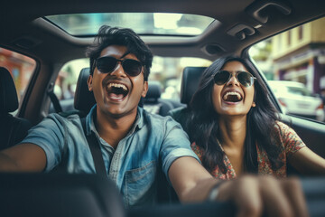 Young indian couple siting in the car - obrazy, fototapety, plakaty