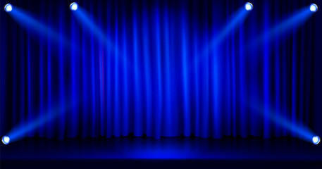 Blue curtain with spotlights on stage. Vector realistic illustration of concert hall with lamps shining bright, glossy floor and fabric drapery, awarding or graduation ceremony, show banner background