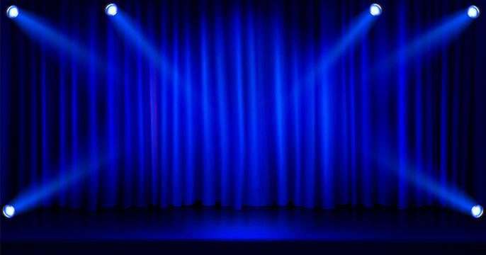 Blue curtain with spotlights on stage. Vector realistic illustration of concert hall with lamps shining bright, glossy floor and fabric drapery, awarding or graduation ceremony, show banner background