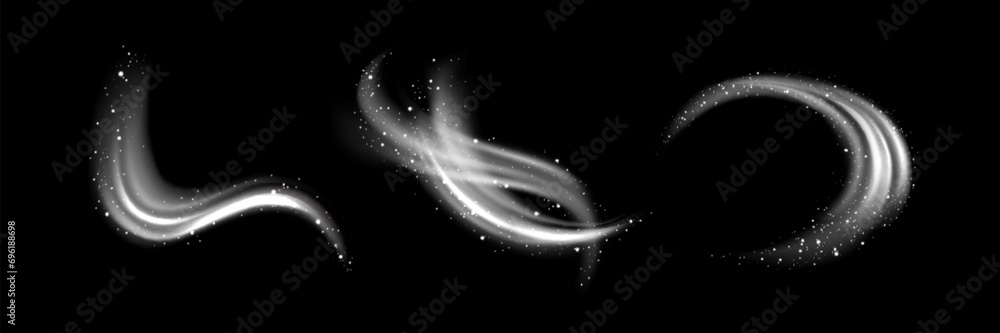 Poster white light waved and circular neon elements with swoosh effect and round snowflakes or sparkles. re