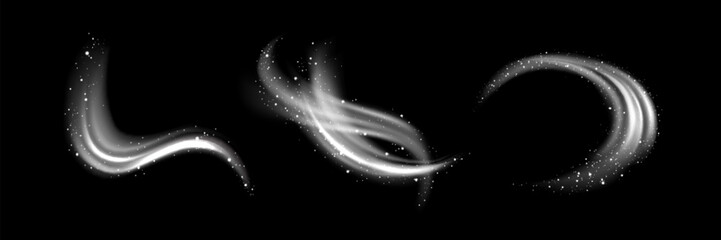 White light waved and circular neon elements with swoosh effect and round snowflakes or sparkles. Realistic vector illustration set of magic glowing swirl circle lines with flying particles. © klyaksun