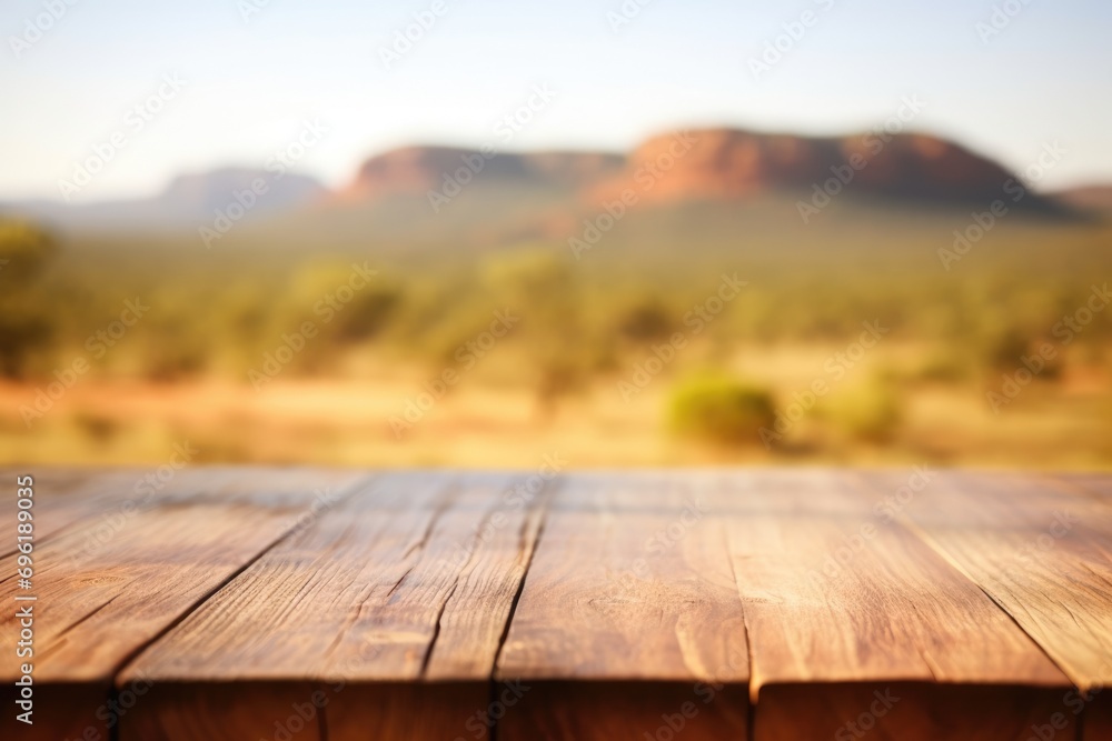 Poster the empty wooden table top with blur background of australian outback. exuberant image. generative a