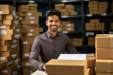 Young man working in the shipping house - obrazy, fototapety, plakaty