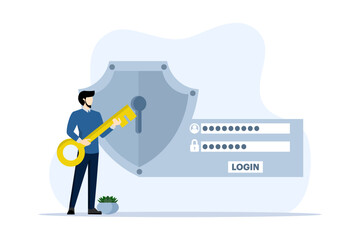 Account security concept, businessman holds key to access security system that protects user account data and password for login. account information and password. flat vector illustration. - obrazy, fototapety, plakaty