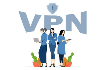 character accessing sites using VPN service to bypass blocking and unblocking, Programs for free use of the Internet, messengers and social networks, Character using laptop, Flat Vector illustration.