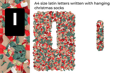 A4 size latin letters written with hanging christmas socks