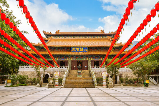 Po Lin Monastery located on Ngong Ping Plateau, on Lantau Island, Hong Kong, China. Translation: Mahavira Hall