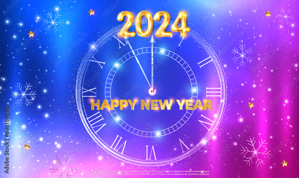 Poster 2024 happy new year clock countdown background with snowflakes and glitter sparkles. party invitatio