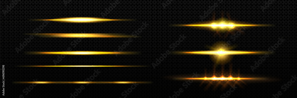 Poster horizontal golden light line with fade effect. realistic vector illustration set of glow flare burst