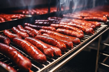 Photo of a conveyor belt filled with hot dogs. industrial production of sausage and meat in a modern plant. Smoking of sausages and meat products.