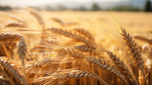 Golden ears of wheat with sheaves of hay in the background. High quality photo