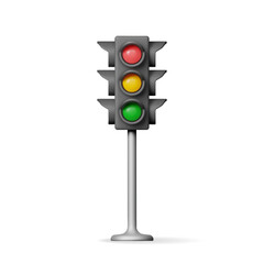 3D Traffic Lights with Three Colors Isolated. Render Traffic Lights Icon. Control of Transport Movement Concept. Traffic Road Regulations, Safety Motion. Realistic Vector Illustration