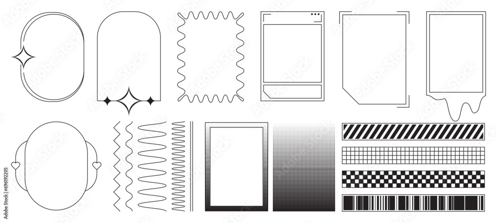 Poster y2k style line frame and border with decorative element for 2000s design. simple outline vector illu