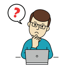 a man, half body, sitting in front of a laptop computer, working, thingking, ask question, webinar, online job, flat design style, colored, outline drawing.