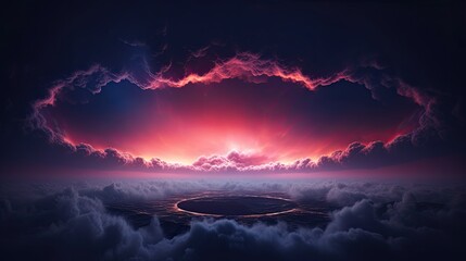 Abstract neon light cloud formation. Sphere in the sky over sunset landscape. Glowing aura circle in the sky. Cloudscape weather storm. - obrazy, fototapety, plakaty