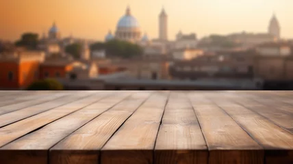 Fototapeten The empty wooden table top with blur background of Rome. Exuberant image. generative AI © Summit Art Creations