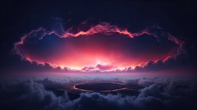 Abstract neon light cloud formation. Sphere in the sky over sunset landscape. Glowing aura circle in the sky. Cloudscape weather storm.