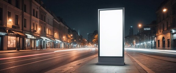 Mockup. Blank white vertical advertising banner billboard stand on the sidewalk at night. Generative AI