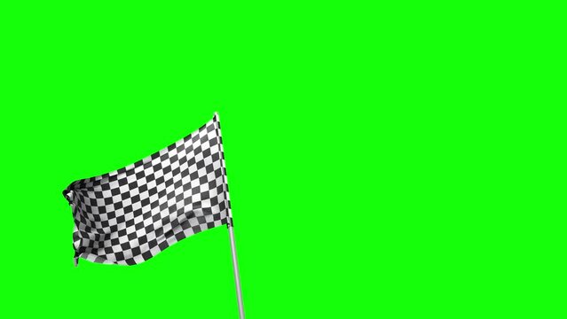 Checker flag waving 3d rendering on green screen .