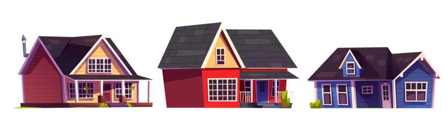 Suburban and countryside house with windows and doors, roof and patio. Cartoon vector illustration set of residential building exterior. Front view on modern country cottage or villa for family. - obrazy, fototapety, plakaty