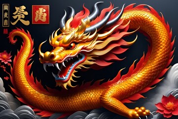 Happy chinese new year 2024 the dragon zodiac sign with flower,lantern,asian elements gold paper cut style on color background.