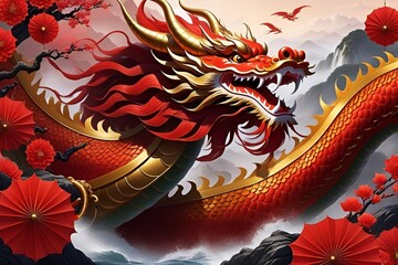 Happy chinese new year 2024 the dragon zodiac sign with flower,lantern,asian elements gold paper cut style on color background.